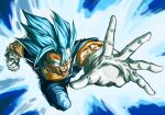  1boy aura blue_eyes blue_hair clenched_hand close-up dougi dragon_ball dragon_ball_super earrings gloves highres incoming_attack jewelry male_focus muscular muscular_male open_hand open_mouth orange_shirt outstretched_arm potara_earrings reaching shirt shouting solo spiky_hair stynl_f super_saiyan super_saiyan_blue teeth v-shaped_eyebrows vegetto veins white_gloves wide-eyed 