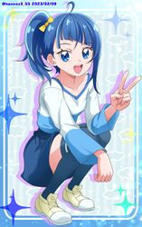  1girl :d ahoge blue_eyes blue_hair blue_shirt blue_skirt blue_thighhighs commentary cut_bangs dated diagonal_bangs full_body hair_ribbon hanzou high_side_ponytail highres hirogaru_sky!_precure light_particles long_sleeves looking_at_viewer medium_hair miniskirt open_mouth precure ribbon shirt shoes side_ponytail single_sidelock skirt smile sneakers solo sora_harewataru sparkle squatting teeth thigh-highs twitter_username upper_teeth_only v yellow_footwear yellow_ribbon zettai_ryouiki 