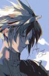  1boy armor blue_background bombyxmori_ckr character_name chromatic_aberration closed_eyes cloud_strife facing_to_the_side final_fantasy final_fantasy_vii final_fantasy_vii_remake hair_between_eyes happy_birthday highres male_focus portrait short_hair shoulder_armor solo spiky_hair turtleneck upper_body 