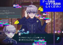  1boy absurdres ahoge belt blue_belt blue_cape blue_jacket cape character_name commentary_request cropped_torso dialogue_box error_message fake_screenshot glitch hand_on_own_head hands_up highres indoors jacket long_sleeves looking_at_viewer male_focus master_detective_archives:_rain_code neochi_(totemoonemunano) open_mouth purple_hair short_hair sign smile standing sweatdrop symbol_in_eye translation_request turn_pale violet_eyes warning_sign yuma_kokohead 