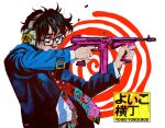  1boy black_hair covered_mouth ear_protection firing from_side glasses gun holding holding_gun holding_weapon jacket kaneoya_sachiko looking_ahead male_focus necktie original print_necktie shell_casing short_hair solo upper_body weapon weapon_request 