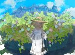  1girl bag blonde_hair blue_sky building closed_eyes closed_mouth clouds day demizu_posuka dress handbag hat house medium_hair original outdoors plant sky solo straw_hat sun_hat white_dress 