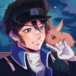  1boy ace_attorney animal animal_on_shoulder black_hair black_jacket blue_eyes blue_sky blush brown_rabbit buttons clay_terran clouds cloudy_sky collared_jacket finger_to_another&#039;s_mouth gloves grin hair_between_eyes highres jacket looking_at_animal m18280226378 male_focus moon night night_sky portrait rabbit shirt short_hair sidelocks sky smile solo spiky_hair star_(sky) starry_sky white_gloves white_shirt 