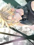  1boy aqua_eyes bare_shoulders black_shirt blonde_hair blurry blurry_background cloud_strife earrings final_fantasy final_fantasy_vii final_fantasy_vii_remake from_above hair_between_eyes happy_birthday highres jewelry looking_at_viewer male_focus parted_lips ponco_pacoooon shirt short_hair single_earring sleeveless sleeveless_turtleneck solo spiky_hair turtleneck twitter_username upper_body 