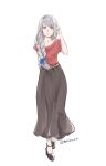  1girl alternate_costume black_footwear blue_ribbon braid breasts final_fantasy final_fantasy_xvi full_body grey_eyes grey_hair grey_skirt hair_over_shoulder hair_ribbon hand_in_own_hair highres jill_warrick long_hair long_skirt looking_at_viewer medium_breasts red_shirt ribbon shirt short_sleeves single_braid skirt solo strappy_heels swept_bangs ttttomo_en twitter_username white_background 