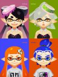  1boy 3girls anniversary arrow_print bare_shoulders bellhenge black_dress black_hair black_sleeves blue_background blue_eyes blue_hair bow callie_(splatoon) closed_mouth collar cup_on_head deviantart_username dress english_commentary eyelashes eyewear_on_head food food-themed_hair_ornament frown glasses green_background hair_bow hair_ornament hairclip inkling inkling_boy inkling_girl layered_sleeves logo_hair_ornament long_hair long_sleeves marie_(splatoon) mole mole_under_eye multiple_girls nintendo open_mouth orange_background orange_eyes orange_hair pink_background pointy_ears sharp_teeth shirt short_hair short_over_long_sleeves short_ponytail short_sleeves silver_earrings sleeveless sleeveless_dress smile splatoon_(series) sushi t-shirt teeth tentacle_hair thick_eyebrows twintails upper_body white-framed_eyewear white_collar white_hair white_shirt yellow_eyes 