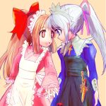  2girls :d apron back_bow black_apron blonde_hair blue_dress bow closed_mouth cross cross-shaped_pupils dagger dress eye_contact forehead-to-forehead futaba_channel grey_hair hair_bow hair_ribbon heads_together highres holding_hands interlocked_fingers itai japanese_clothes juliet_sleeves kimono knife long_sleeves looking_at_another maid maid_headdress multiple_girls nijiura_maids open_mouth orange_eyes pink_kimono pink_ribbon ponytail puffy_sleeves red_bow ribbon simple_background smile symbol-shaped_pupils tensai_(nijiura_maids) tsukiyono_aroe violet_eyes wa_maid weapon white_bow yellow_background 