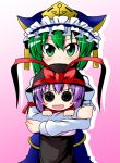  &gt;:) 2girls :d blush blush_stickers chibi green_eyes green_hair hug hug_from_behind ichimi multiple_girls nagae_iku o_o open_mouth purple_hair ribbon shikieiki_yamaxanadu smile solid_circle_eyes touhou 