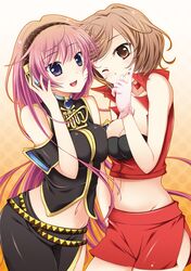  bad_id blue_eyes breast_press breasts brown_eyes brown_hair cl4 cleavage framed_breasts headphones itou_chiriko long_hair megurine_luka meiko midriff multiple_girls navel pink_hair short_hair skirt smile symmetrical_docking vocaloid 