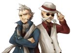  adjusting_hat coat crossed_arms grey_hair grin gym_leader hat katsura_(pokemon) katsura_(pokemon)_(hgss) male manly multiple_boys mustache necktie old_man pokemon pokemon_(game) pokemon_gsc pokemon_heartgold_and_soulsilver red_eyes simple_background smile spiky_hair sunglasses tsumi vest yanagi_(pokemon) yanagi_(pokemon)_(remake) 