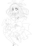  alto_seneka blush breasts cleavage doll doll_hug double_bun elbow_gloves gloves highres lineart long_hair looking_at_viewer monochrome open_mouth original socks solo striped striped_socks stuffed_animal stuffed_toy 