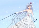  angel_beats! bare_shoulders blue_hair bride dress elbow_gloves feathers flower gloves hair_flower hair_ornament hair_ribbon katana long_hair noron open_mouth ribbon scabbard sheath skirt solo sword tachibana_kanade tenshi tachibana_kanade weapon wedding_dress yellow_eyes 