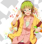  ayase08 bespectacled casual contemporary fashion glasses green_eyes green_hair gumi hands headphones pun2 short_hair smile solo vocaloid 