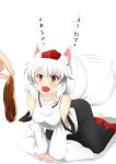  detached_sleeves food hat highres inu3 inubashiri_momiji meat saliva short_hair silver_hair simple_background sparkle tail tail_wagging tokin_hat touhou translated wolf_ears wolf_tail 