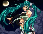  aqua_hair bad_hands bridal_gauntlets elbow_gloves green_eyes hatsune_miku midriff miku_append moon nail_polish navel night_sky open_mouth outstretched_arm shooting_star so-bin stars twintails vocaloid vocaloid_append 