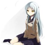  blazer blue_hair kneehighs kurasawa_moko long_hair school_uniform sitting skirt socks tachibana_kanade yellow_eyes yuki_(artist) 