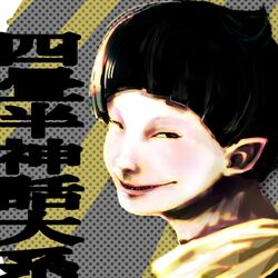  evil_grin fangs ozu_(yojouhan) pointy_ears polka_dot realistic sharp_teeth short_hair smile striped text translation_request yojouhan_shinwa_taikei 