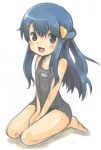  bare_shoulders barefoot between_thighs blue_hair blush embarrassed green_eyes hair_ornament hairclip hikari_(pokemon) long_hair no_hat one-piece_swimsuit onepiece_swimwuit open_mouth pokemon roamo school_swimsuit seiza simple_background sitting smile solo swimsuit v_arms wet white_background young 
