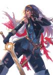  1girl armor blue_eyes blue_hair breasts cape cglas falchion_(fire_emblem) fingerless_gloves fire_emblem fire_emblem:_kakusei gloves long_hair lucina open_mouth simple_background solo sword tiara torn_clothes weapon 