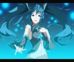  aqua_eyes aqua_hair detached_sleeves fingernails hatsune_miku headset letterboxed long_fingernails long_hair long_nails midriff nails navel necktie smile solo thigh-highs thighhighs twintails viola_(seed) vocaloid 