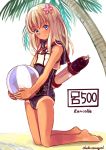  ball beachball blue_eyes blush breasts closed_mouth dada_(esoragoto) eyebrows_visible_through_hair flower hair_flower hair_ornament kantai_collection long_hair looking_at_viewer palm_tree ro-500_(kantai_collection) school_swimsuit small_breasts smile swimsuit torpedo tree white_hair 