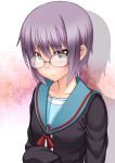  cardigan face glasses highres nagato_yuki nakamura_kusata purple_hair school_uniform short_hair suzumiya_haruhi_no_yuuutsu 