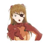  blue_eyes bodysuit brown_hair evangelion:_2.0_you_can_(not)_advance eyepatch foreshortening long_hair neon_genesis_evangelion open_mouth plugsuit pointing rebuild_of_evangelion shikinami_asuka_langley simple_background skin_tight solo souryuu_asuka_langley test_plugsuit w-i-marion 