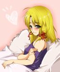  blonde_hair blush come_hither hair_ornament ifuji_sakura moriya_suwako naughty_face off_shoulder pillow seductive_smile shoulder smile touhou 