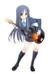  1girl akiyama_mio bass_guitar black_eyes black_hair guitar instrument k-on! leaning_forward legs long_hair matsumoto_noriyuki school_uniform skirt solo 