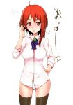  ahoge black_legwear black_thighhighs blush drooling hand_on_hip higata_akatsuki long_hair original panties red_eyes red_hair redhead solo thigh-highs thighhighs translated underwear white_panties 