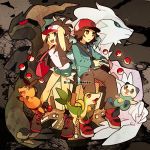  1boy 1girl bag bare_shoulders baseball_cap brown_eyes brown_hair denim denim_shorts hat jacket messenger_bag oru_(hone_oru) oshawott poke_ball pokemon pokemon_(creature) pokemon_(game) pokemon_black_and_white pokemon_bw ponytail reshiram shorts shoulder_bag snivy tepig touko_(pokemon) touya_(pokemon) vest zekrom 