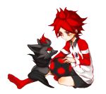  1boy inazuma_eleven kyra male nagumo_haruya pants pokemon pokemon_(creature) redhead sitting soccer_ball t-shirt uniform 
