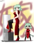  black_legwear bloodycat breasts cat_ears cat_tail china_dress chinese_clothes dual_persona fang hand_on_hip kazami_yuuka kemonomimi_mode large_breasts multiple_tails red_eyes short_hair tail thigh-highs thighhighs third_eye touhou 