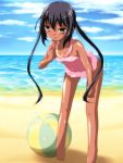  beach beachball bent_over black_hair brown_eyes k-on! long_hair nakano_azusa nanashiwan one-piece_swimsuit swimsuit tan tanline twintails 