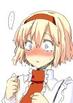  alice_margatroid blonde_hair blue_eyes blush bust clenched_hands constricted_pupils face hairband necktie short_hair simple_background sketch tears touhou uro 