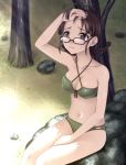  antenna_hair bikini blush braid brown_eyes brown_hair fujimiya_yuu glasses hand_on_head idolmaster kneeling long_hair sweat swimsuit twin_braids 