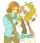  1boy 1girl baseball_cap blue_eyes blush brown_hair denim hat long_hair nimu1796 pokemon pokemon_(game) pokemon_black_and_white pokemon_bw ponytail shorts sweatdrop touko_(pokemon) touya_(pokemon) vest wristband 