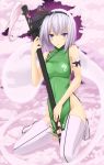  alternate_costume between_thighs blue_eyes breasts china_dress chinese_clothes flower hitodama konpaku_youmu konpaku_youmu_(ghost) no_panties petals rose_petals shuugetsu_karasu side_slit silver_hair sitting solo sword thighhighs touhou weapon white_hair 