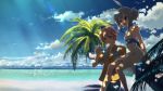  blue_eyes brown_hair dj_max_portable dress grey_hair highres palm_tree red_eyes sitting suee sundress sunglasses tree tree_shade wallpaper yuuki_tatsuya 