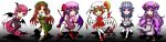  blonde_hair blue_eyes blue_hair book braid fingerless_gloves flandre_scarlet gloves green_eyes hat head_wings highres hong_meiling izayoi_sakuya knife koakuma long_hair momoman_(pink_voltage) patchouli_knowledge pink_eyes pink_hair purple_eyes purple_hair red_eyes red_hair remilia_scarlet side_ponytail the_embodiment_of_scarlet_devil thigh-highs thighhighs touhou twin_braids wings 