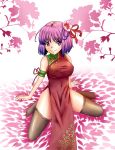  china_dress chinese_clothes flower hair_ornament hiba_(artist) hiba_(p-p-purin) hieda_no_akyuu impossible_clothes large_breasts purple_eyes purple_hair short_hair side_slit spread_legs thigh-highs thighhighs touhou violet_eyes 