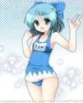  adapted_costume bad_id blue_eyes blue_hair blush bow cirno hair_bow highres name_tag one-piece_swimsuit oniku school_swimsuit simple_background smile solo swimsuit tareme touhou translated v 