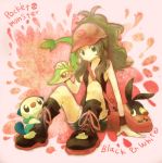  1girl bag baseball_cap brown_hair denim hat long_hair oshawott pokemon pokemon_(creature) pokemon_(game) pokemon_black_and_white pokemon_bw ponytail shorts smile snivy tepig touko_(pokemon) vest wristband yoshiya_(lostbeat) 