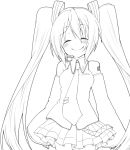  closed_eyes detached_sleeves hatsune_miku headset lineart long_hair monochrome necktie skirt smile solo twintails velpaw very_long_hair vocaloid 