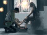  bandage bandages barefoot black_hair cape demon&#039;s_souls demon's_souls feet feet_in_water jewelry leg_hold maiden_in_black one_knee short_hair sitting soaking_feet stairs tub water ymd_(artist) 