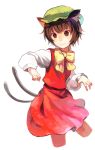  bad_id brown_eyes brown_hair cat_ears cat_tail chen earrings hat jewelry masturi multiple_tails red_eyes ribbon short_hair simple_background solo tail touhou 