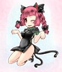  braid cat_ears cat_tail china_dress chinese_clothes hands kaenbyou_rin multiple_tails r0g0b0 red_eyes red_hair redhead short_hair smile solo tail touhou twin_braids twintails wink 