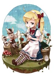  alice_(wonderland) alice_in_wonderland apron blonde_hair blue_eyes book bow card coffee cup fence flower grass hat long_hair mary_janes mushroom pocket_watch ribbon rose shoes sitting striped striped_legwear striped_thighhighs thigh-highs thighhighs top_hat twintails watch white_rabbit yukiame_kon yukiu_kon 