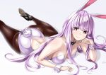  1girl animal_ears breasts brown_legwear bunny_girl bunny_tail bunnysuit detached_collar hand_on_own_cheek high_heels kyon_(fuuran) long_hair lying on_stomach pantyhose purple_hair rabbit_ears reisen_udongein_inaba shoes smile solo tail touhou violet_eyes wrist_cuffs 