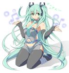  aqua_hair arched_back detached_sleeves green_eyes hatsune_miku headphones headset hips kara_age kneeling long_hair navel skirt solo thigh-highs thighhighs twintails very_long_hair vocaloid 